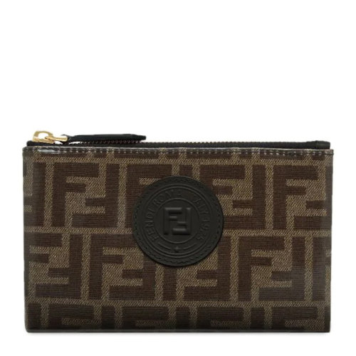 FENDI/芬迪 女士棕黑拼色小牛皮全提花FF圖案正面圓形皮革徽標(biāo)拉鏈開合平底郵袋錢包手包手拿包女包 8N0147-A5K4-F14TU