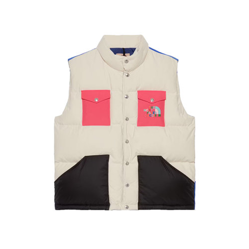 GUCCI/古馳 22秋冬款 The North Face聯(lián)名系列 男士多色聚酰胺/棉混紡飾有彩色刺繡LOGO圖案彩色貼片LOGO徽標(biāo)羽絨服馬甲?670654XAAEP9199