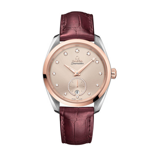 OMEGA/歐米茄 22年春夏新款 海馬系列 女士灰色表盤自動上鏈同軸機芯精鋼/Sedna 18K金表殼勃艮第紅色皮表帶腕表38毫米220.23.38.20.59.001