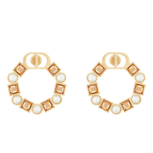 Dior/迪奧 22春夏新款PETIT CD系列 女士金色飾面金屬飾白色樹(shù)脂珠和香檳色透明水晶CD圓形耳環(huán) E1858PTCCY_D02O
