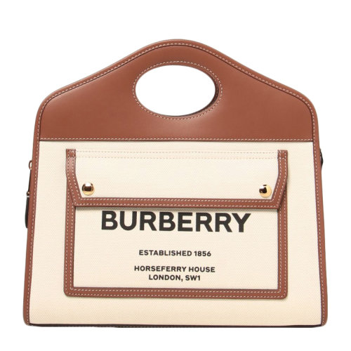 BURBERRY/博柏利女士小號雙色帆布拼皮革徽標托特包手提包單肩包斜挎包女包8036784