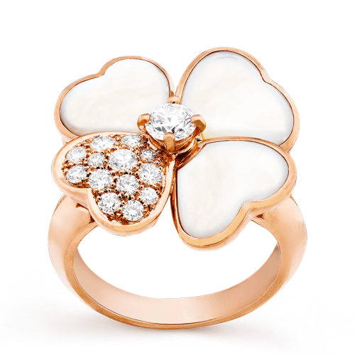 Van Cleef & Arpels/梵克雅寶 經(jīng)典Cosmos系列 18k金玫瑰金鑲嵌鉆石白珍珠母貝四葉草中號(hào)戒指VCARO51Y00