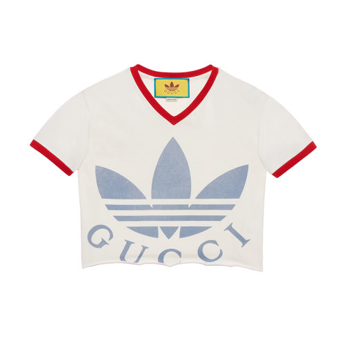 GUCCI/古馳 22年秋冬新款 adidas聯(lián)名系列 女士白色純棉紅色滾邊短款T恤693637XJEB19095