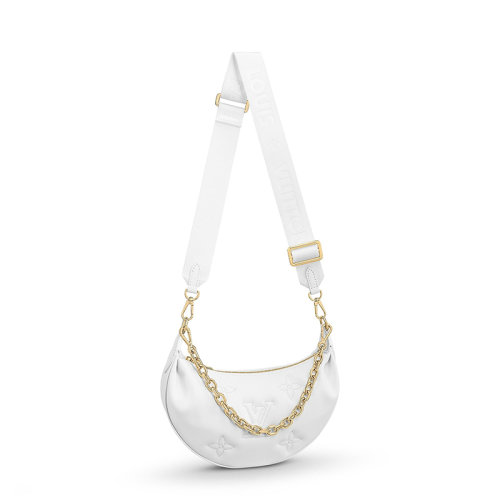 Louis Vuitton/路易威登 22春夏新款Over The Moon系列 女士雪白色老花壓紋牛皮革金扣金鏈單肩斜挎手提月亮包M59959