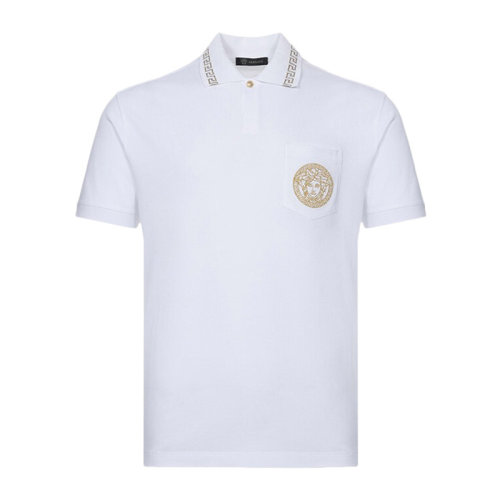 VERSACE/范思哲 男士白色棉質(zhì)經(jīng)典美杜莎頭像印花希臘回紋裝飾翻領(lǐng)短袖上衣T恤Polo衫 A79251-A223004-A93A
