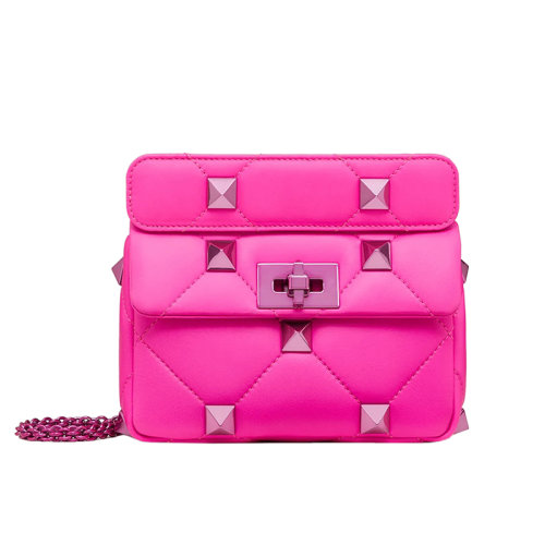 Valentino/華倫天奴 22新款 ROMAN STUD系列 女士小號粉色絎縫小羊皮同色飾面旋轉(zhuǎn)扣翻蓋開合同色滑動鏈條單肩包1W0B0L04MMWUWT