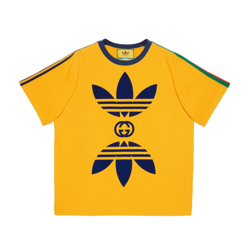 GUCCI/古馳 22年秋冬新款 adidas聯(lián)名系列 男士黃色純棉Logo印花短袖T恤691636XJEKR7219