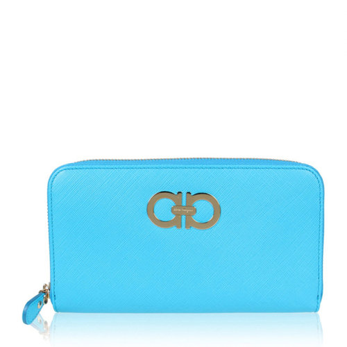 Salvatore Ferragamo/菲拉格慕 女士天藍(lán)色字母徽標(biāo)長款錢包 22-B300-656493（99新未使用）