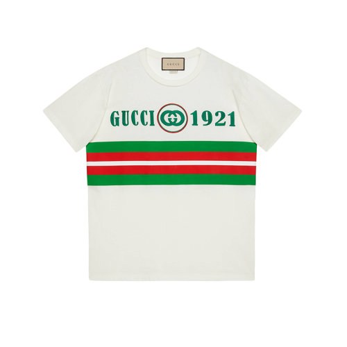 GUCCI/古馳 22年春夏新款 女士白色純棉1921刺繡配互扣式雙G貼飾短袖T恤615044XJD5U9128