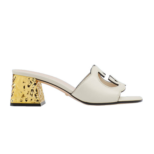 GUCCI/古馳 22秋冬新款 女士白色皮革錘紋效果鞋跟互扣式雙G鏤空中跟拖鞋694450US0009022