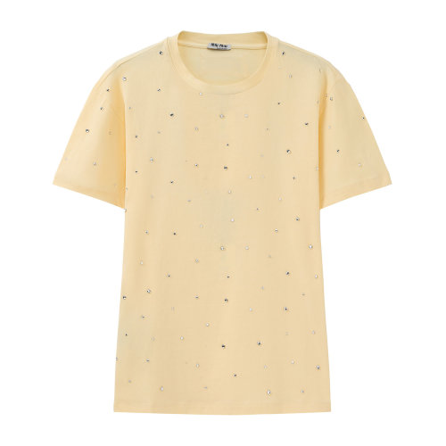 MiuMiu/繆繆 淺黃色 女士仿水晶裝飾短袖T恤 MJN179_1WA2_F0901
