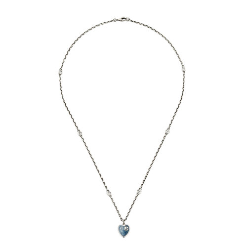 GUCCI/古馳  925銀淺藍(lán)色琺瑯銀色雙G心型吊墜項(xiàng)鏈645545J89B48490