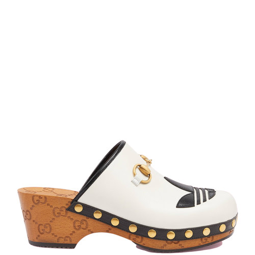  GUCCI/古馳 22年秋冬新款 adidas聯(lián)名系列 女士米白色/黑色皮革馬銜扣木底涼鞋拖鞋?702218DTNP09160