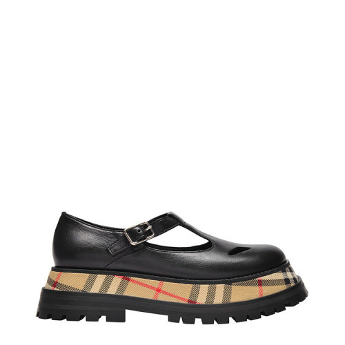 BURBERRY/博柏利 巴寶莉女鞋 松糕鞋 女士黑色皮革時尚格紋低幫休閑運動鞋 80381811