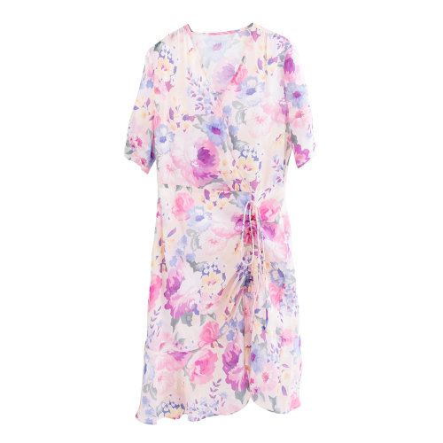 GeleiStory/GeleiStory 夏季新款修身浪漫印花桑蠶絲V領(lǐng)短袖抽繩荷葉邊連衣裙 女士裙裝＞女士連衣裙