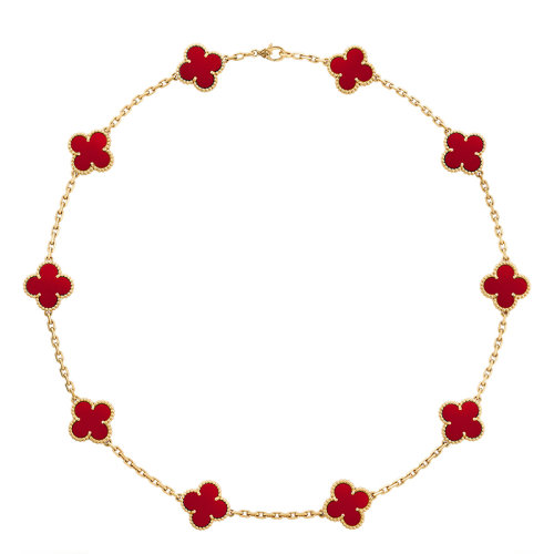 Van Cleef & Arpels/梵克雅寶 經(jīng)典Vintage Alhambra系列 18K金黃金紅瑪瑙10四葉草項鏈VCARD40600