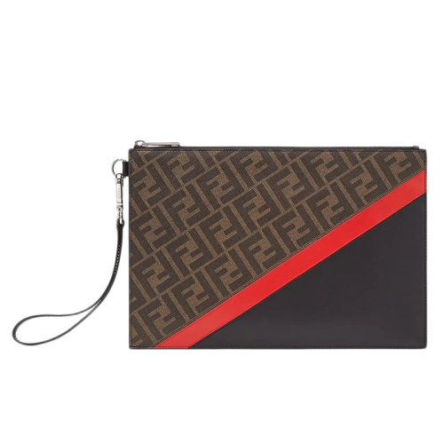 FENDI/芬迪  男士棕色老花圖案拼黑色紅色皮革手拿包7N0110A9XSF19P9