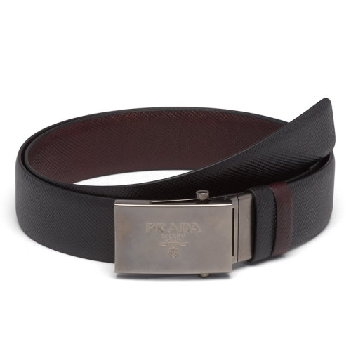 PRADA/普拉達  男士黑色/咖啡棕色摩洛哥皮革金屬搭扣雙面腰帶35毫米2CM016_2FAD_F0XCR