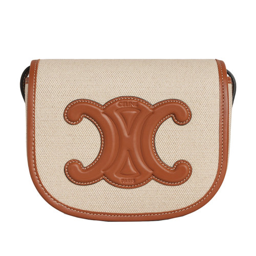 CELINE/賽琳 22新款FOLCO系列 女士自然色帆布配棕色系皮革細(xì)節(jié)同色系凱旋皮扣單肩包198262EFL.02NT