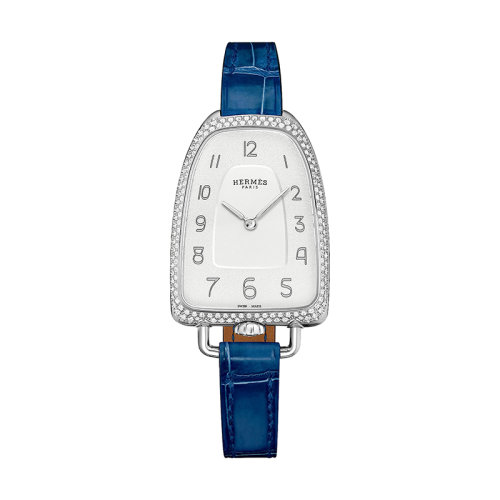 HERMES/愛馬仕      Galop系列 女士石英機芯水晶銀粒表盤精鋼表殼和藍色鱷魚皮表帶腕表40.8X26毫米W047887WW00