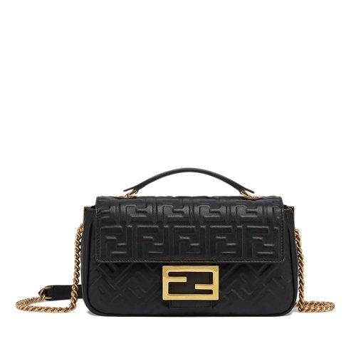 FENDI/芬迪 BAGUETTE系列 女士黑色壓紋納帕小羊皮FF搭扣單肩斜挎鏈條法棍包8BR793AH9CF1CFJ