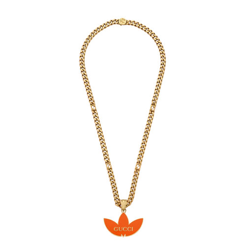 GUCCI/古馳 22新款阿迪達斯聯(lián)名系列 男女同款黃金色調(diào)金屬橙色琺瑯三葉草徽標吊墜馬銜索鏈項鏈702926J16318082
