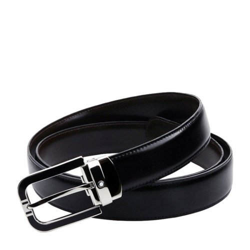 MontBlanc/萬寶龍 男士黑色牛皮橢圓馬蹄形針扣腰帶商務(wù)休閑皮帶 可裁剪 109740