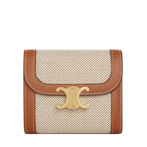 CELINE/賽琳 TRIOMPHE系列 小號織物棕褐色小牛皮飾邊凱旋金扣短款錢包10D782CLD.04LV