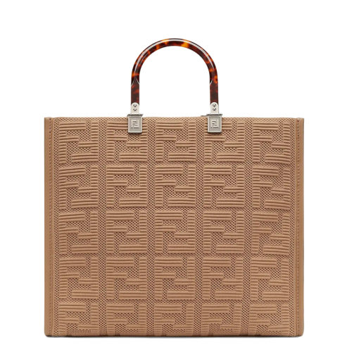 FENDI/芬迪 SUNSHINE系列 女士中號(hào)米色FF布料玳瑁殼效果硬質(zhì)樹(shù)脂玻璃手柄單肩手提包8BH386AHWCF09YL