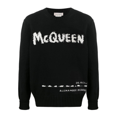 Alexander McQueen/亞歷山大麥昆 男士黑色棉質(zhì)有機(jī)針織經(jīng)典字母徽標(biāo)涂鴉嵌花圓領(lǐng)長(zhǎng)袖上衣衛(wèi)衣運(yùn)動(dòng)衫套頭衫 626454-Q1WZL-1006
