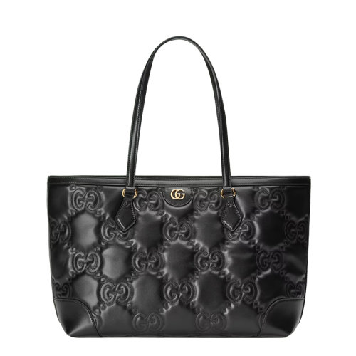 GUCCI/古馳 22新款 女士中號(hào)黑色GG絎縫皮革金色雙G標(biāo)志裝飾手提單肩托特包631685UM8IG1000