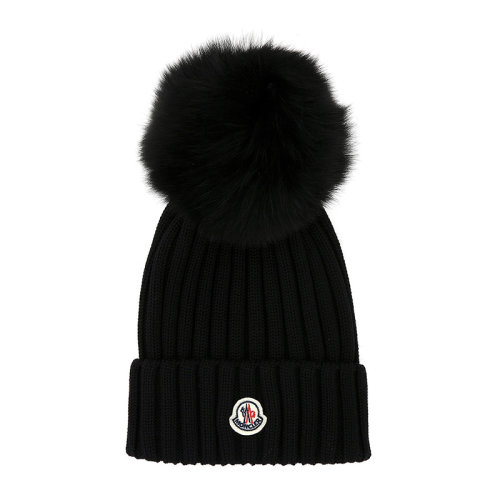Moncler/蒙克萊 女士羅紋羊毛徽標(biāo)拼貼絨球時(shí)尚毛線帽針織帽套頭帽保暖帽帽子3B70201-A9327多色可選