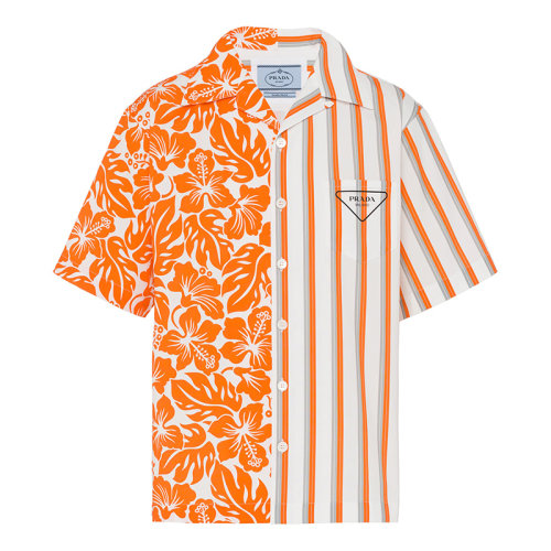 PRADA/普拉達(dá) 秋冬 Double Match系列 男士橙色芙蓉和條紋印花府綢短袖襯衫UCS406_1ZTE_F0049_S_212