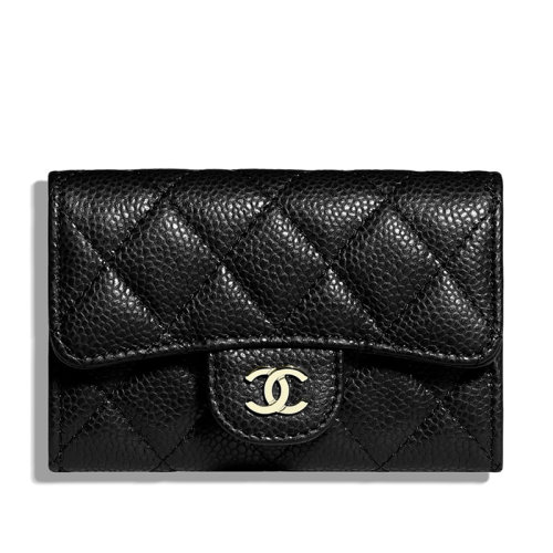 CHANEL/香奈兒 經(jīng)典classique系列 黑色魚子醬壓紋小牛皮 金色雙C卡片夾