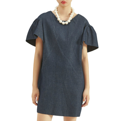 19春夏款nisiss/怡夕O型喇叭袖圓領(lǐng)牛仔連衣裙女士連衣裙y155so08