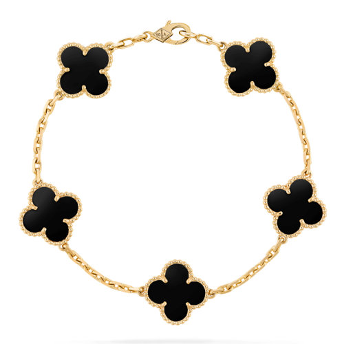 Van Cleef & Arpels/梵克雅寶 經(jīng)典款Vintage Alhambra復(fù)古黑色瑪瑙五顆四葉草手鏈 VCARA41300