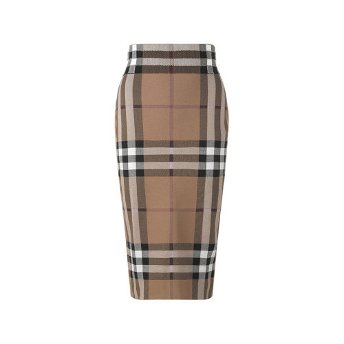 BURBERRY/博柏利 【22秋冬新款】 女款棉/混紡貼身筒式高腰半身裙子樺木棕標(biāo)志性格紋提花 80434121
