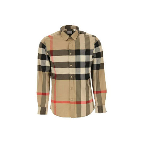 BURBERRY|巴寶莉 經(jīng)典vintage格子彈力棉府綢長袖襯衫 男款 米色