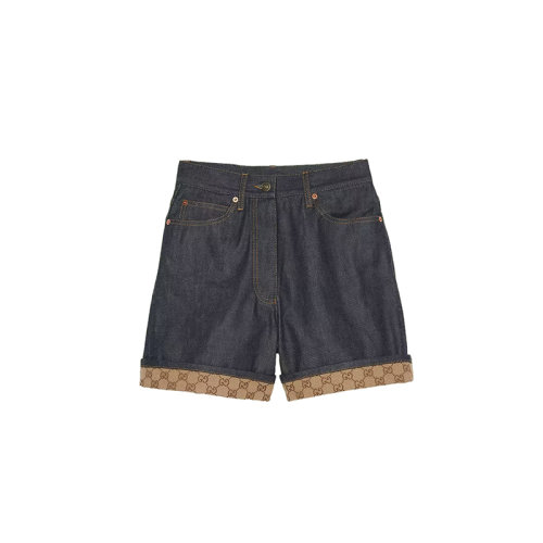 GUCCI/古馳 22秋冬新款 女士藍(lán)色純棉混紡GG帆布滾邊牛仔短褲701707XDB2A4759