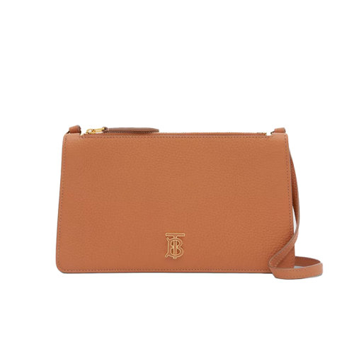 BURBERRY/博柏利 22新款 女士赤褐色粒面皮革拉鏈開(kāi)合金色字母拋光金屬飾面皮表帶手拿包80606431