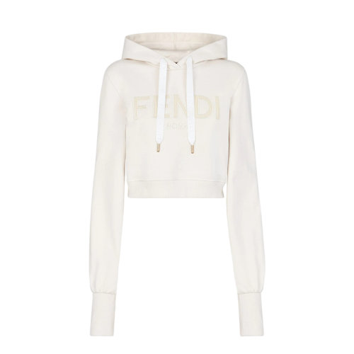 FENDI/芬迪 22年早春新款 女士白色純棉正面Logo刺繡短款連帽衫衛(wèi)衣FS7516AJ0UF1FLE
