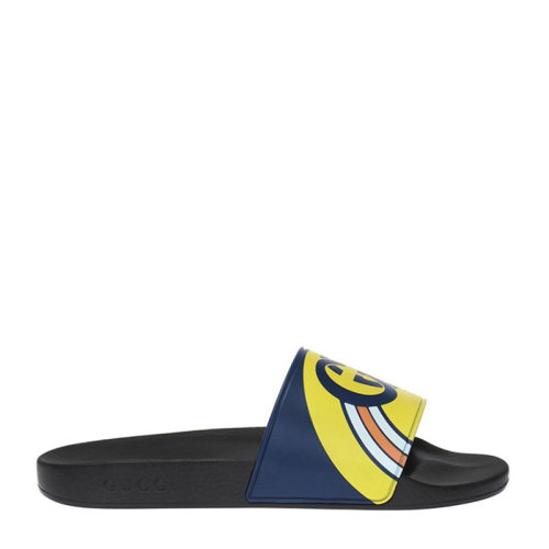 GUCCI 古馳 男士 鞋靴  黃藍(lán)拼色LOGO壓紋橡膠拖鞋 男士涼拖