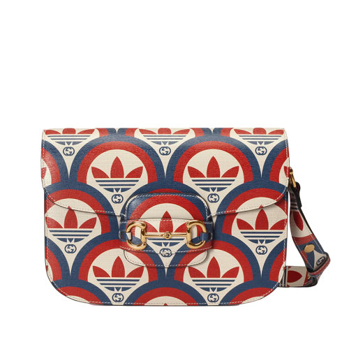 GUCCI/古馳 22新款Horsebit 1955阿迪達斯聯(lián)名系列 女士藍色紅色皮革三葉草印花馬銜扣細節(jié)翻蓋單肩斜挎手提包602204UVG0G4168