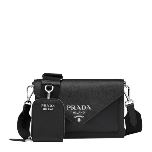 PRADA/普拉達 女士黑色Saffiano 皮革刻字徽標點迷你信封包單肩包斜挎包女包 1BP020-2EVU-F0002-NOO