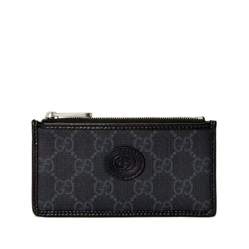 GUCCI/古馳 22春夏新款 男士黑色老花帆布皮革滾邊互扣式雙G橢圓形皮革標(biāo)牌拉鏈開合卡片夾卡包69771792TCF1000