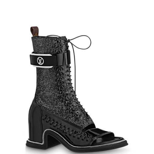 Louis Vuitton/路易威登 22年春夏新款 MOONLIGHT系列 女士黑色粒面羊皮革和漆面牛皮革粗跟半筒靴1AA0HG
