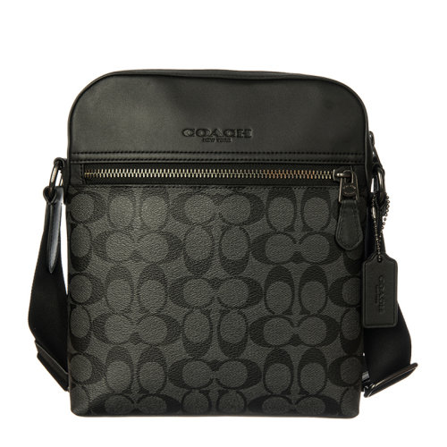 COACH/蔻馳Houston系列男士黑灰拼色涂層帆布配皮經(jīng)典雙C字母徽標(biāo)印花裝飾拉鏈開合單肩包斜挎包郵差包信使包男包 F4010QBMI5