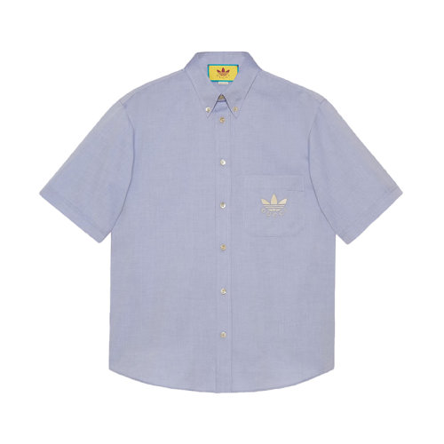 GUCCI/古馳 22年秋冬新款 adidas聯(lián)名系列 男士淺藍(lán)色純棉牛津布短袖襯衫701360ZAJRO4689