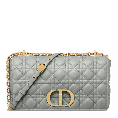 DIOR/迪奧 22春夏新款CARO系列 女士大號(hào)灰色柔軟牛皮革藤格紋金扣金鏈翻蓋開合單肩斜挎包M9243UWHC_M41G