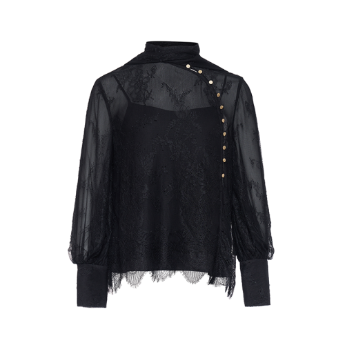 HUI/卉 女士長袖襯衫2020秋季新品中式斜襟上衣蕾絲面料設(shè)計